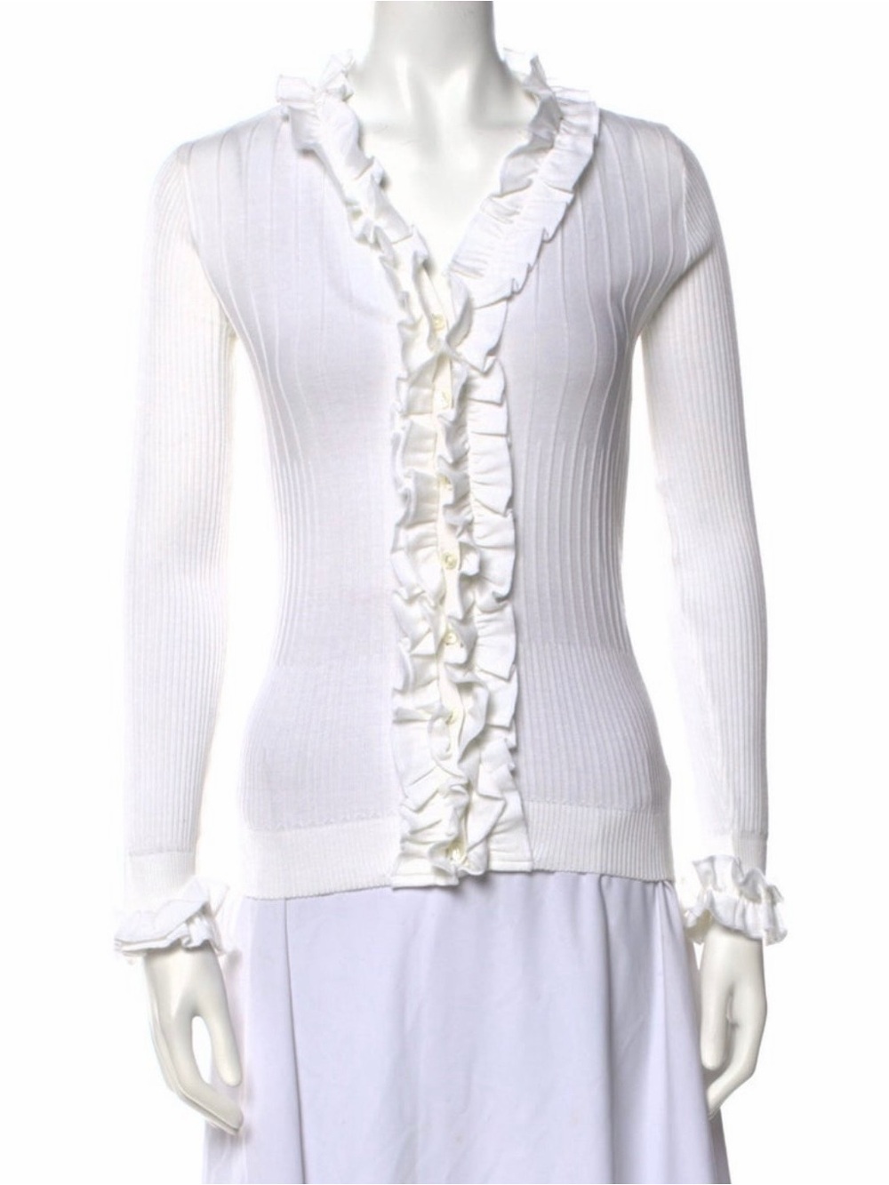 Anne Fontaine White Ruffled Button-Front Ribbed Cardigan Size XS